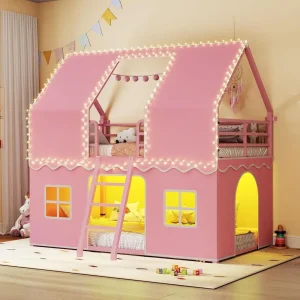Twin Over Twin Bunk Bed with Play Curtain