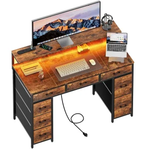 Computer Desk with 8 Storage Drawers, Adjustable Monitor Stand, Writing Desk with LED Lights & USB Power Outlets, Gaming Table