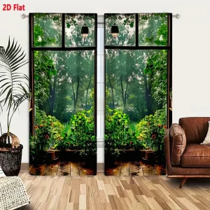 2Pcs Curtains 2D Flat Serene Indoor Scene