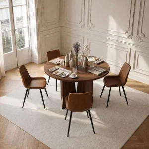 Walnut 39.4 Round Dining Table Set for 4